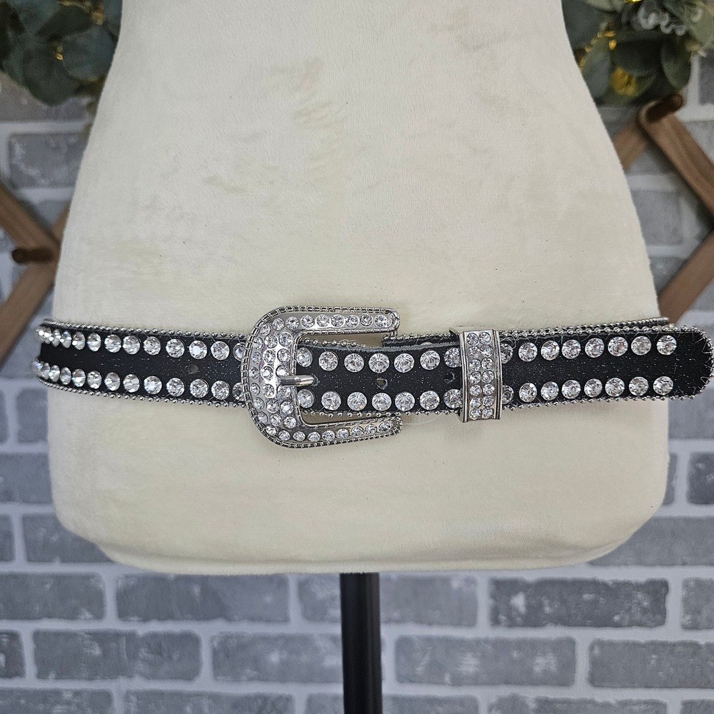 Black Rhinestone Studded Western Belt Silver Buckle Women's Size Small